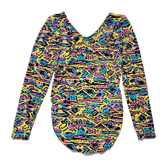 GK Elite VTG 80s Oceanic Memphis Geometric Leotard Long Sleeve Size AM Adult M - Picture 4 of 16